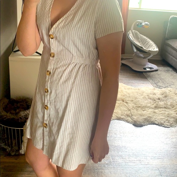 White and Biege Summer Dress with Button Detail - Picture 2 of 3